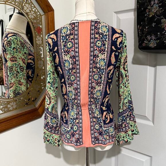 Free People Rosalie Mint Green & Peachy Orange Paisley Bell Sleeve Faux Wrap Top - Picture 5 of 8